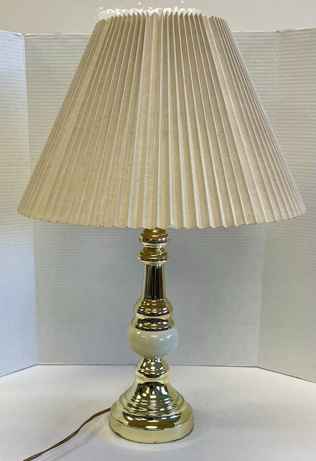 Vintage Hollywood Regency Brass Table Lamp w Glass Orb w Pleated Beige Shade