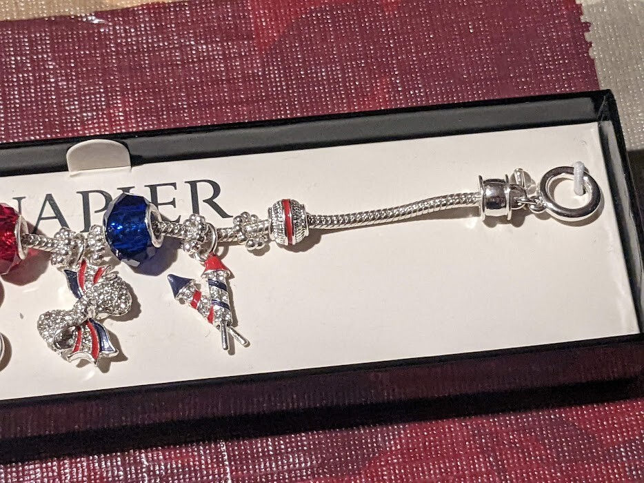 Thumbnail: Napier Patriotic Red, White, Blue CHARMS w/Silver tone Bracelet New & Napier Box
