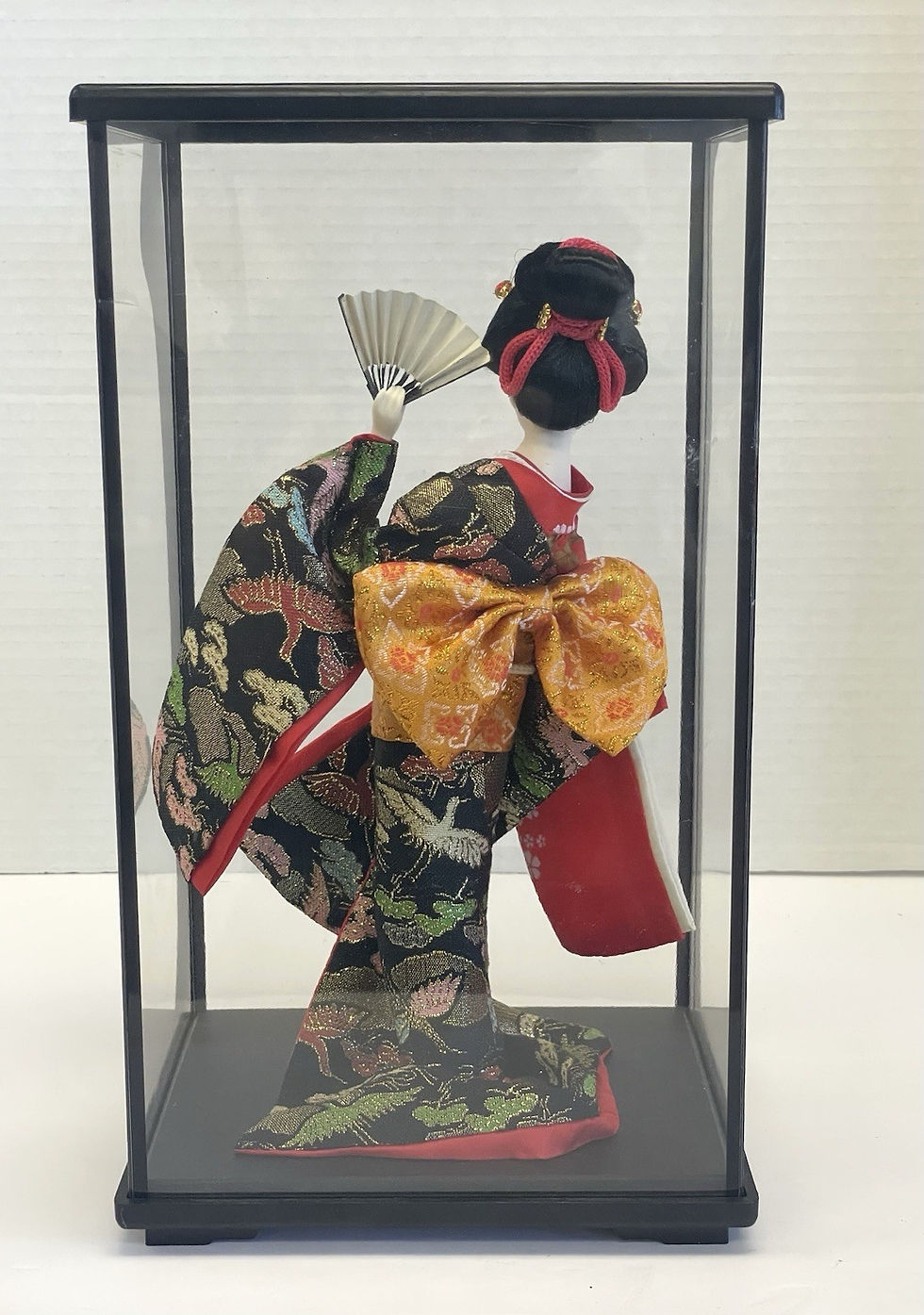 Thumbnail: Vintage Beautiful Japanese Geisha Doll in Display Case w Kimono (birds) & Fan