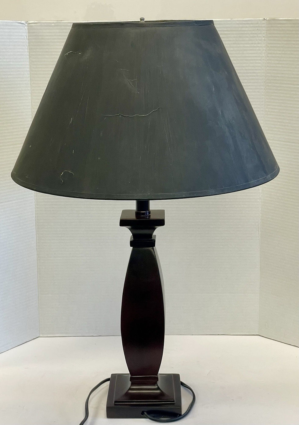Thumbnail: Vintage Unbranded Dark Wood Stained Square Based Table Lamp W Lamp Shade