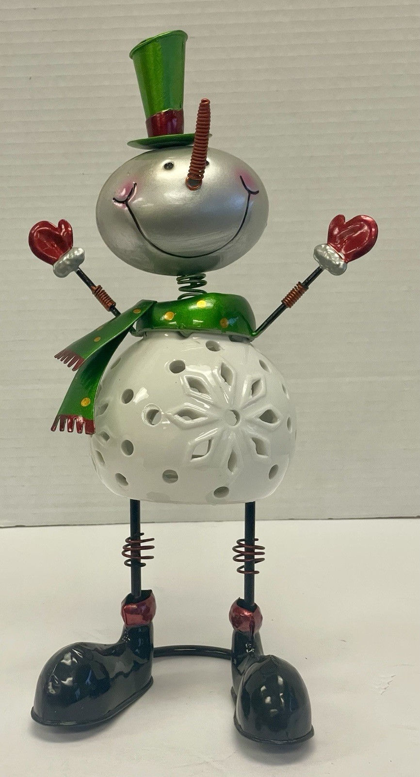 Thumbnail: Smiling Snowman Candle Holder metal & ceramic New Unused winter / holiday decor