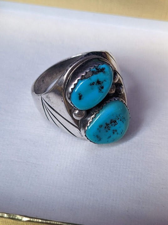 Thumbnail: Handcrafted Sterling Silver Turquoise Two Stone Southwestern SIZE 11.5 Unisex