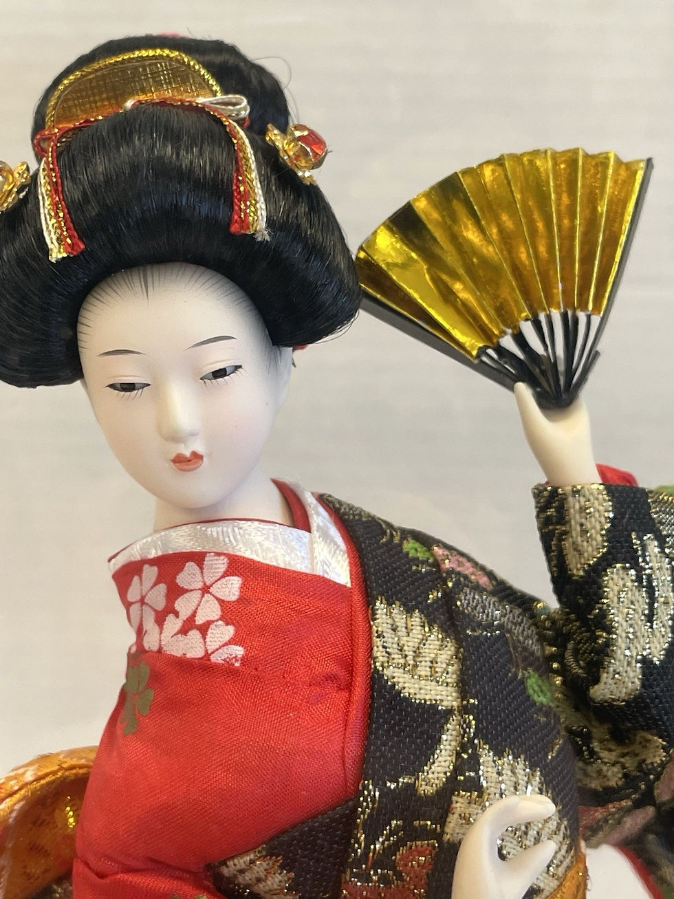 Thumbnail: Vintage Beautiful Japanese Geisha Doll in Display Case w Kimono (birds) & Fan
