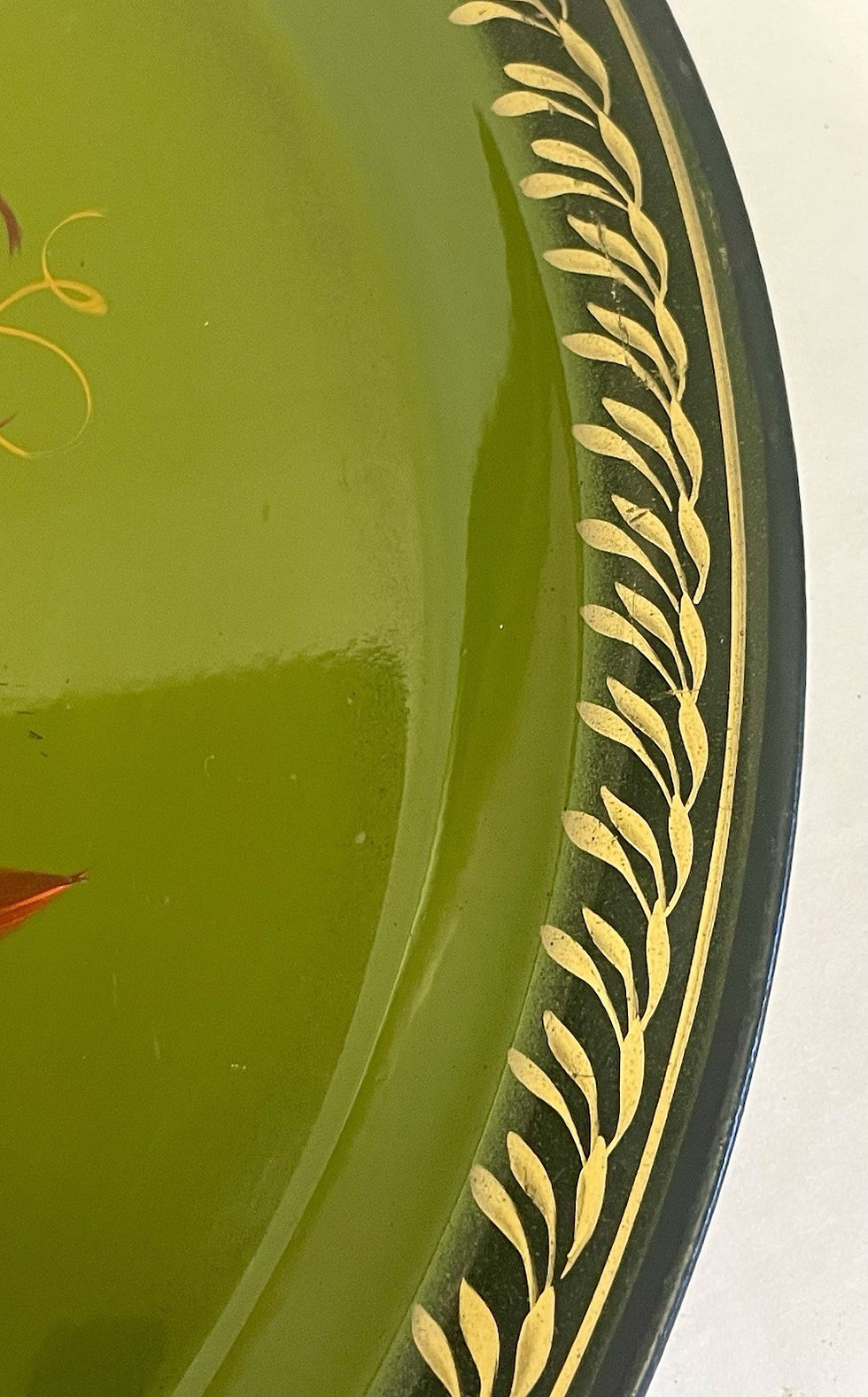 Thumbnail: Vintage Russian Zhostovo Style Olive Green Fall Pattern Hand Painted Metal Tray