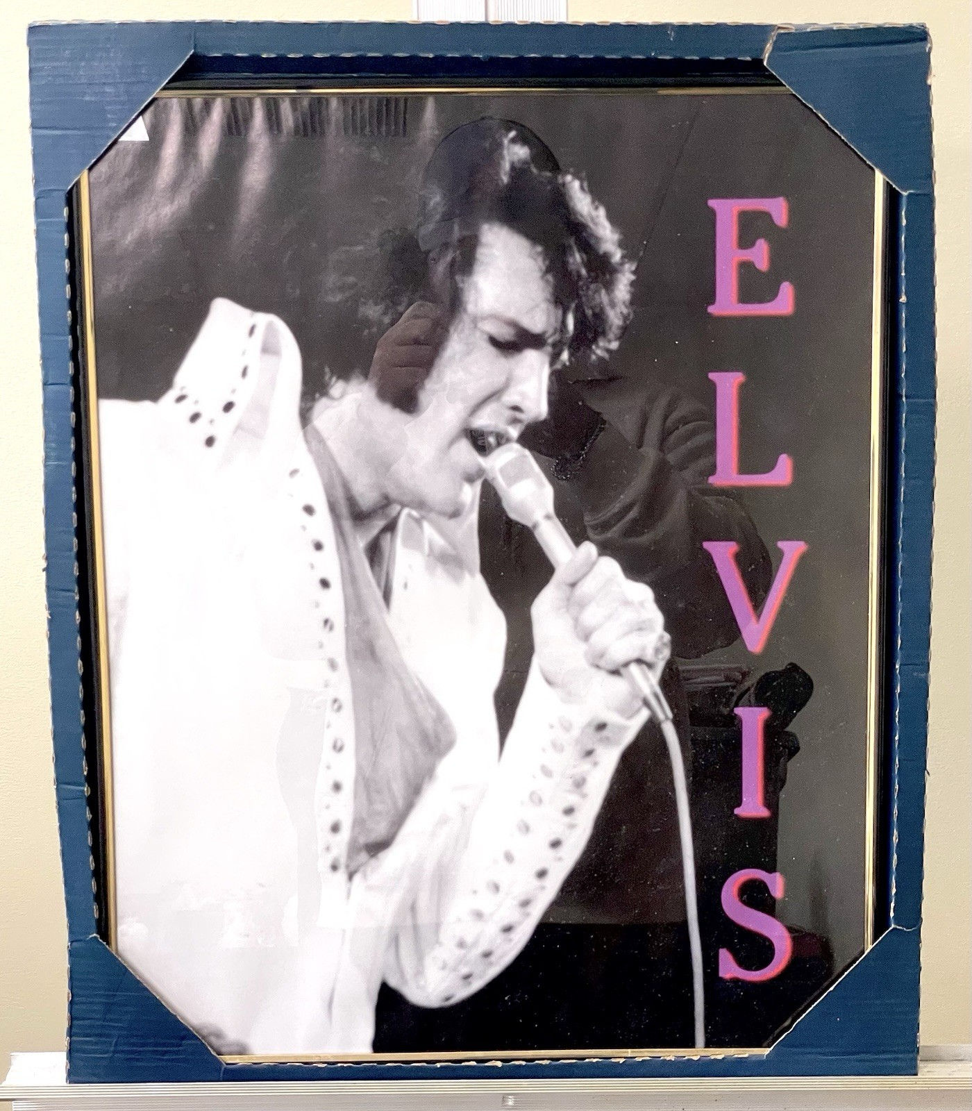 Vintage Elvis Presley Framed Poster Print Purple Letters Famous White Jumpsuit