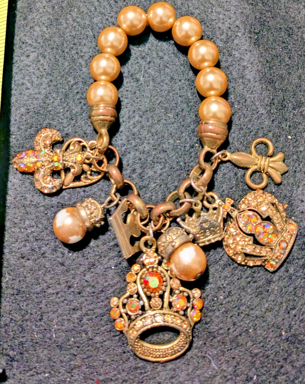 Vintage Crown Charm Bracelet Faux Pearl Gold Tone Baroque Royal Statement