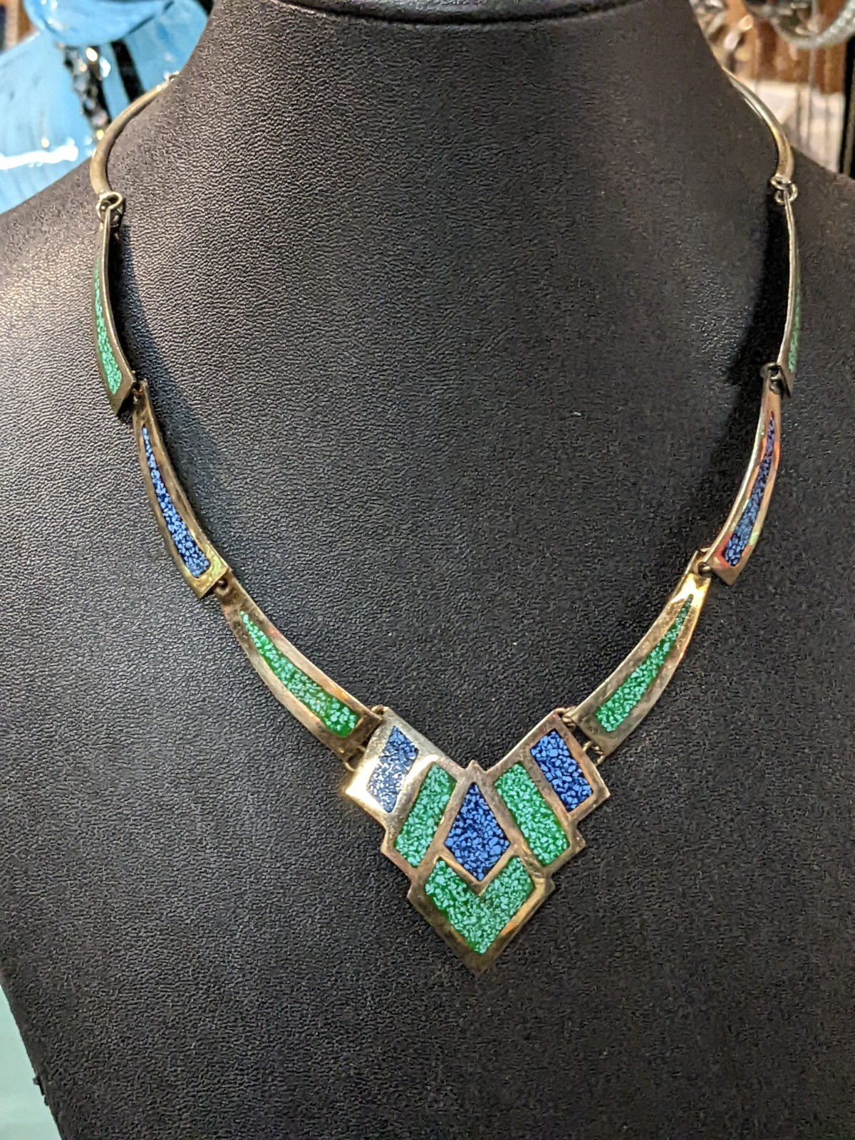 Vintage Alpaca Mexico Silver Turquoise Inlay/Inset Collar Statement Necklace