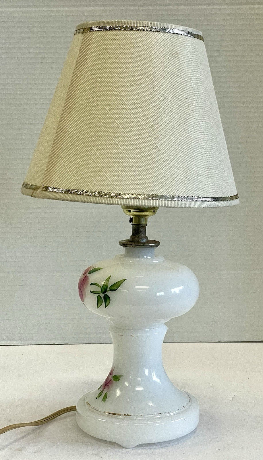 Thumbnail: Vintage Milk Glass Table Lamp With Handpainted Pink Floral Accents With Shade