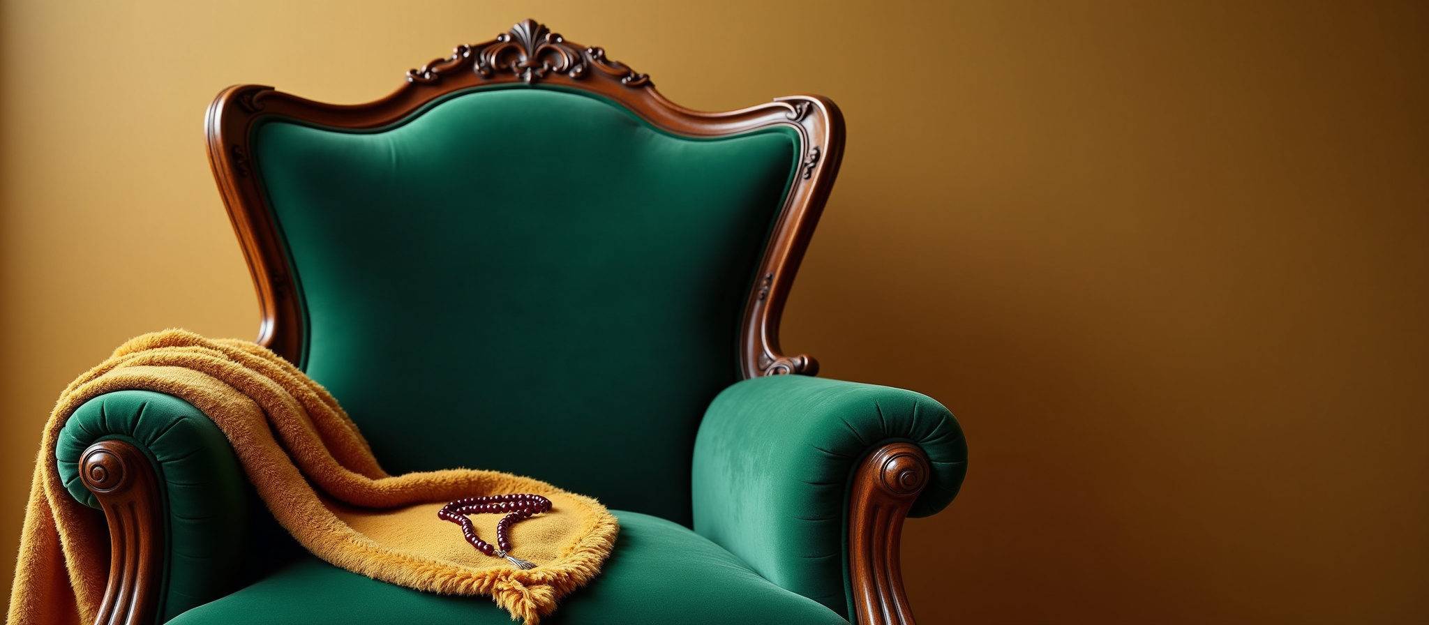 A teal antique chair with dark wood trim showcasing a small beaded piece of jewelry on a tan shaggy blanket.