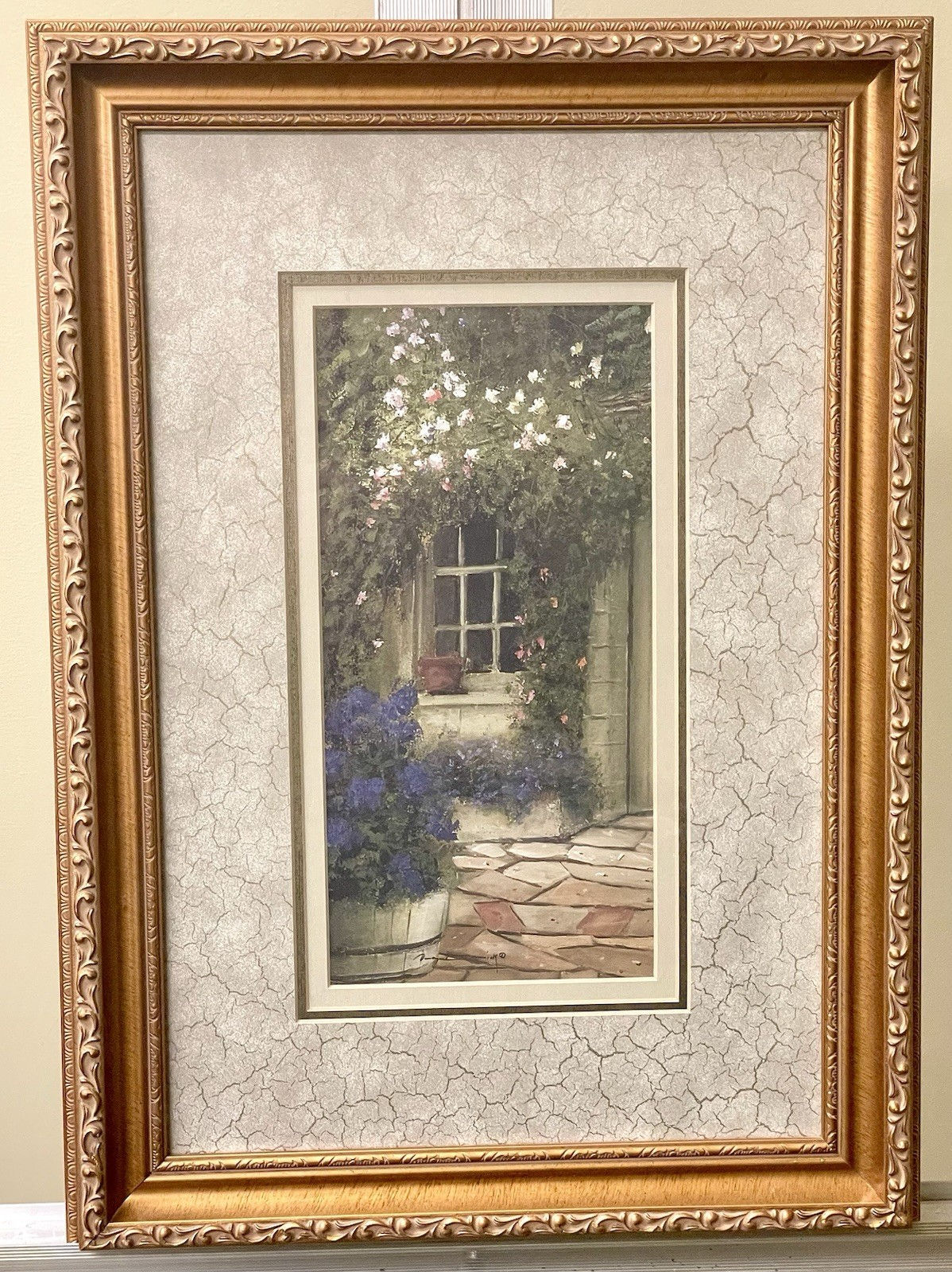 Vintage "Patio-Garden 1" Dwayne Warwick Signed Print Gold Ornate Frame & Matted