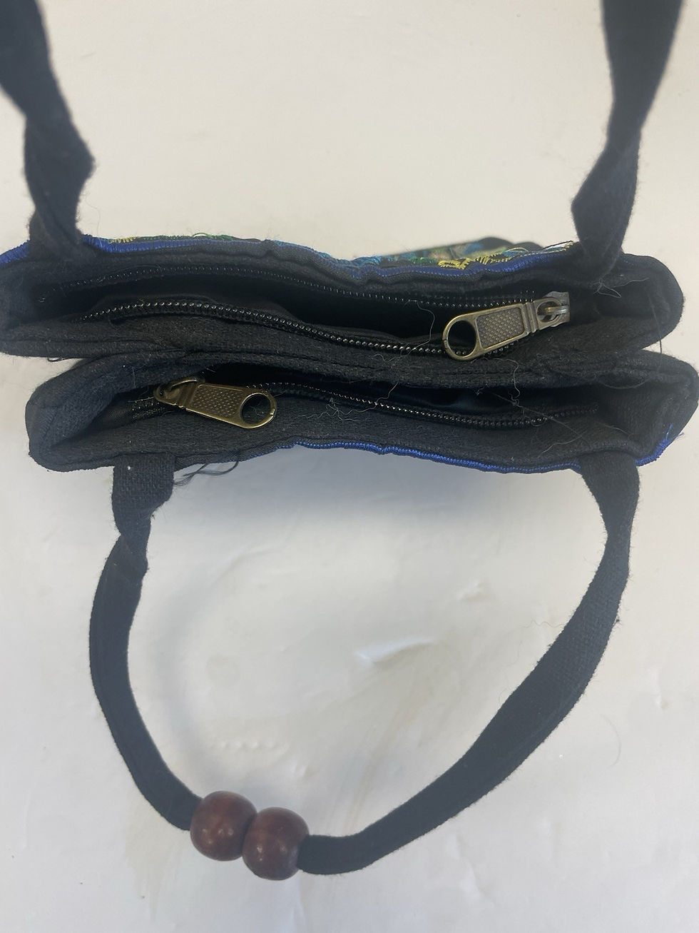Thumbnail: Floral Embroidered Small Handbag with Wooden Beads on Handles 2 zipper sides