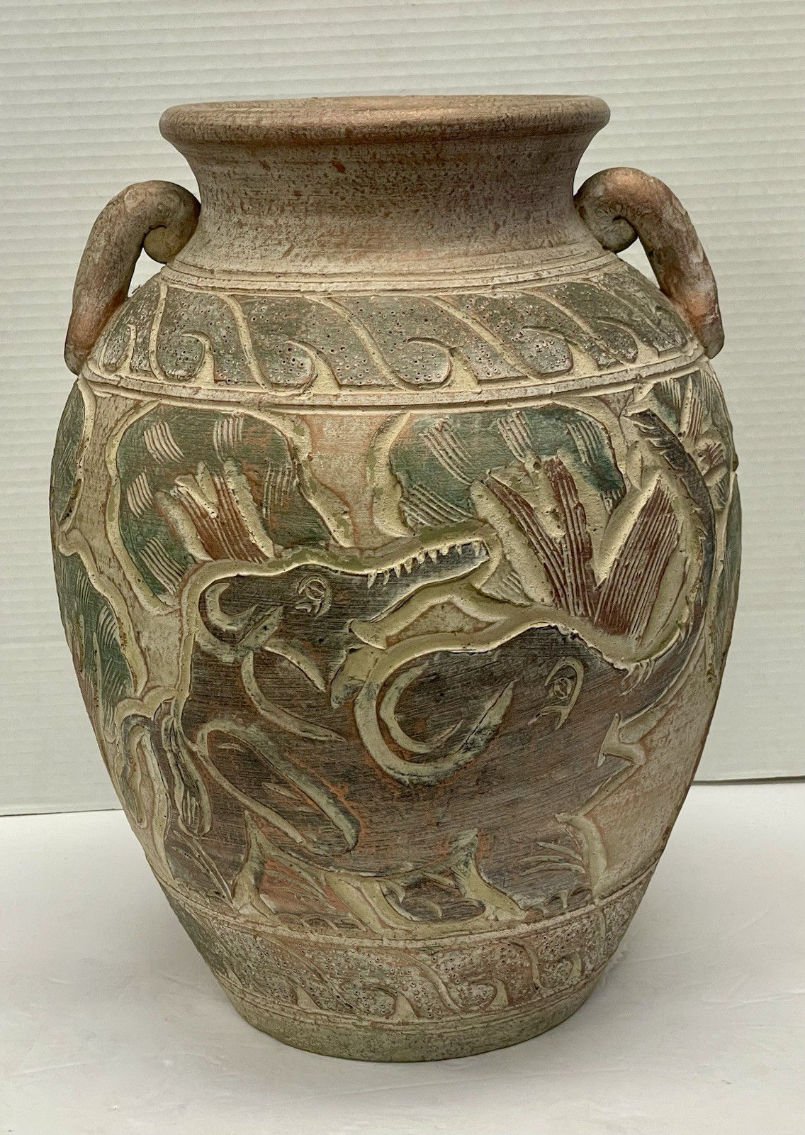 Large 15" Vintage Asian Elephant Carved Stoneware Vase/ Brown & Green Salt Glaze