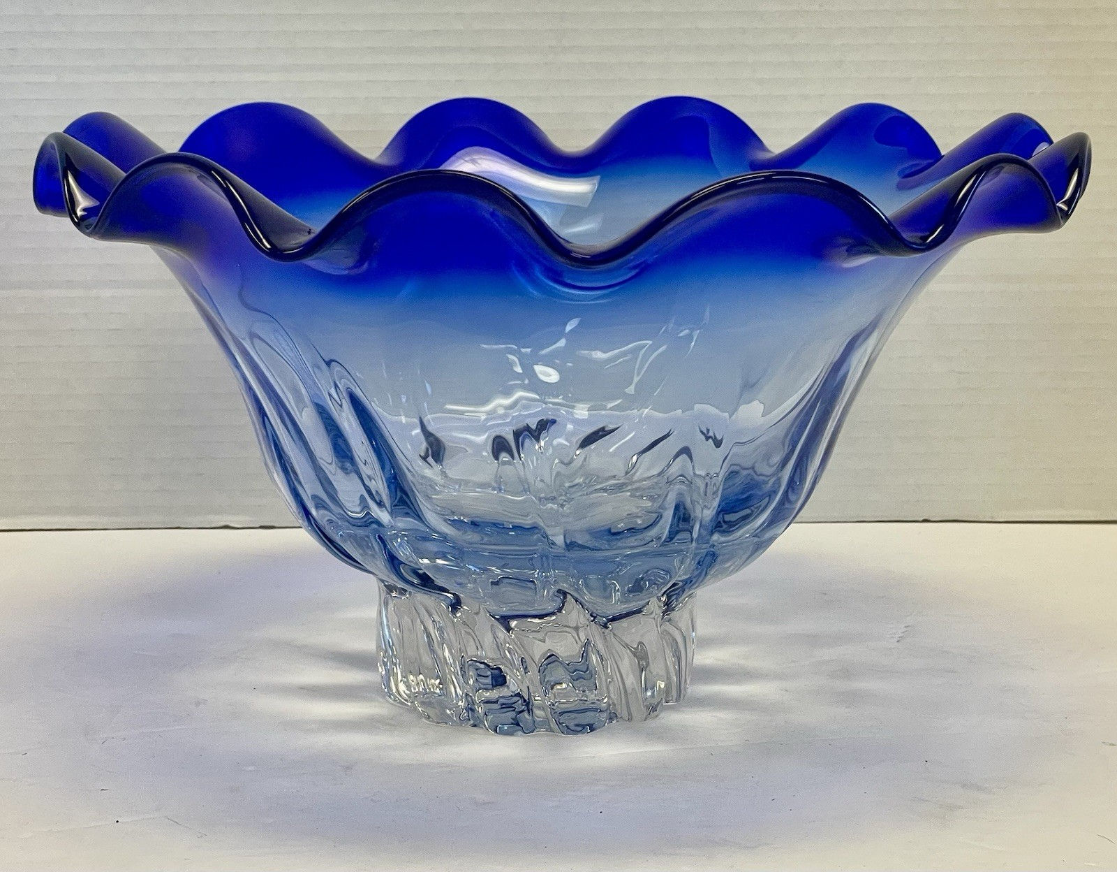 Shannon Crystal Design Of Ireland Cobalt Blue & Clear Crystal Ruffled Rim Bowl