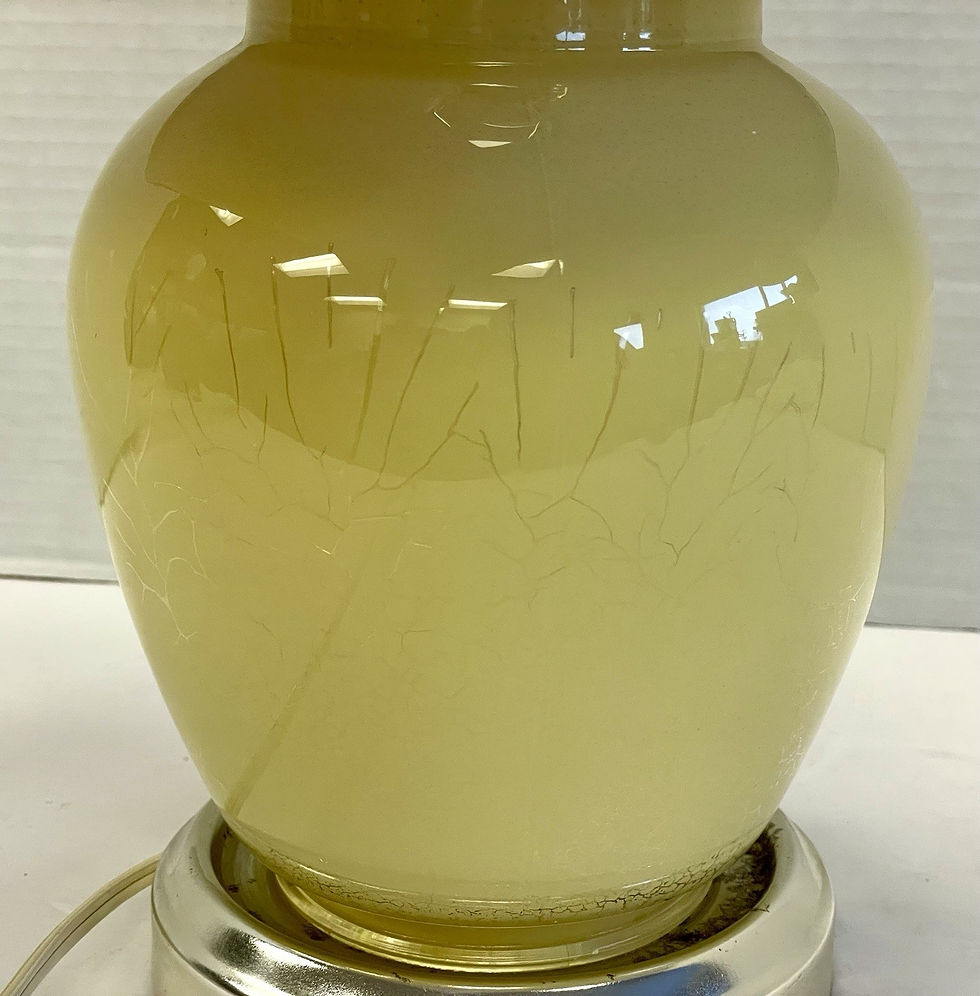 Thumbnail: Vintage Alicite Ceramic Pale Yellow Table Lamp with Taupe Shade MCM Preloved