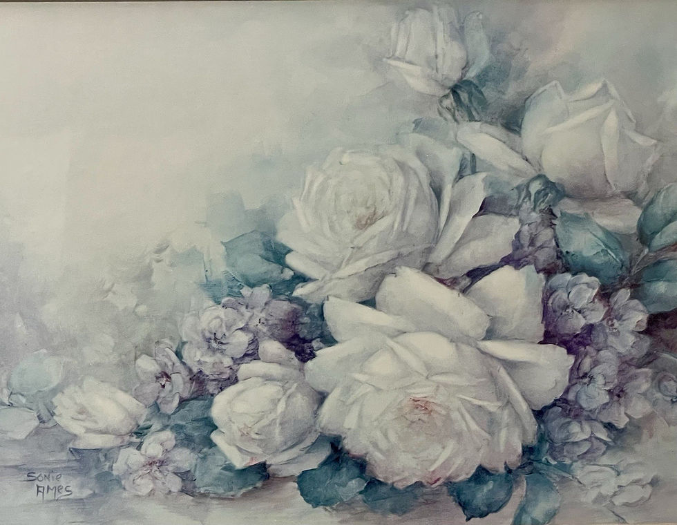 Thumbnail: Vintage Pair Of 2 Rose Painting Prints By Sonie Ames With Gold Gilt Frame
