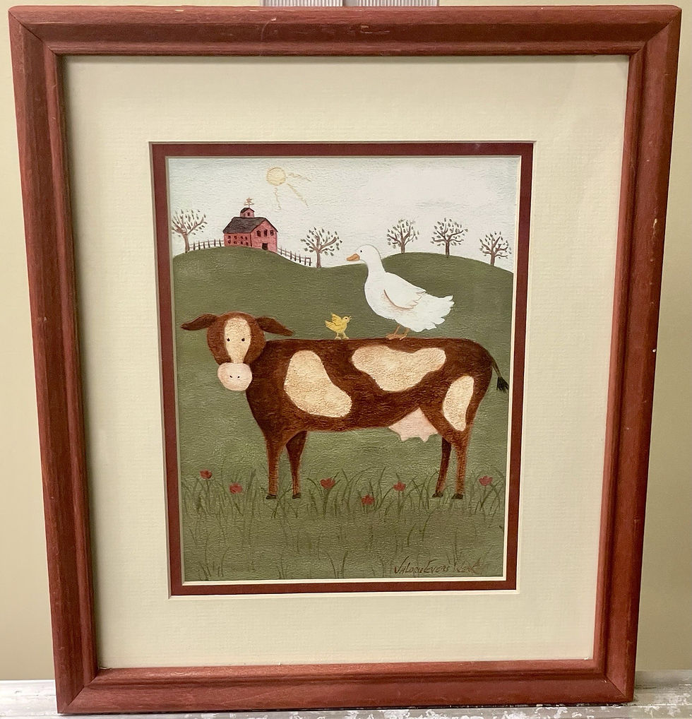 Thumbnail: Framed Folk Art Prints “Sheep With Rooster” & “Cow With Duck” Valerie Evers Wenk