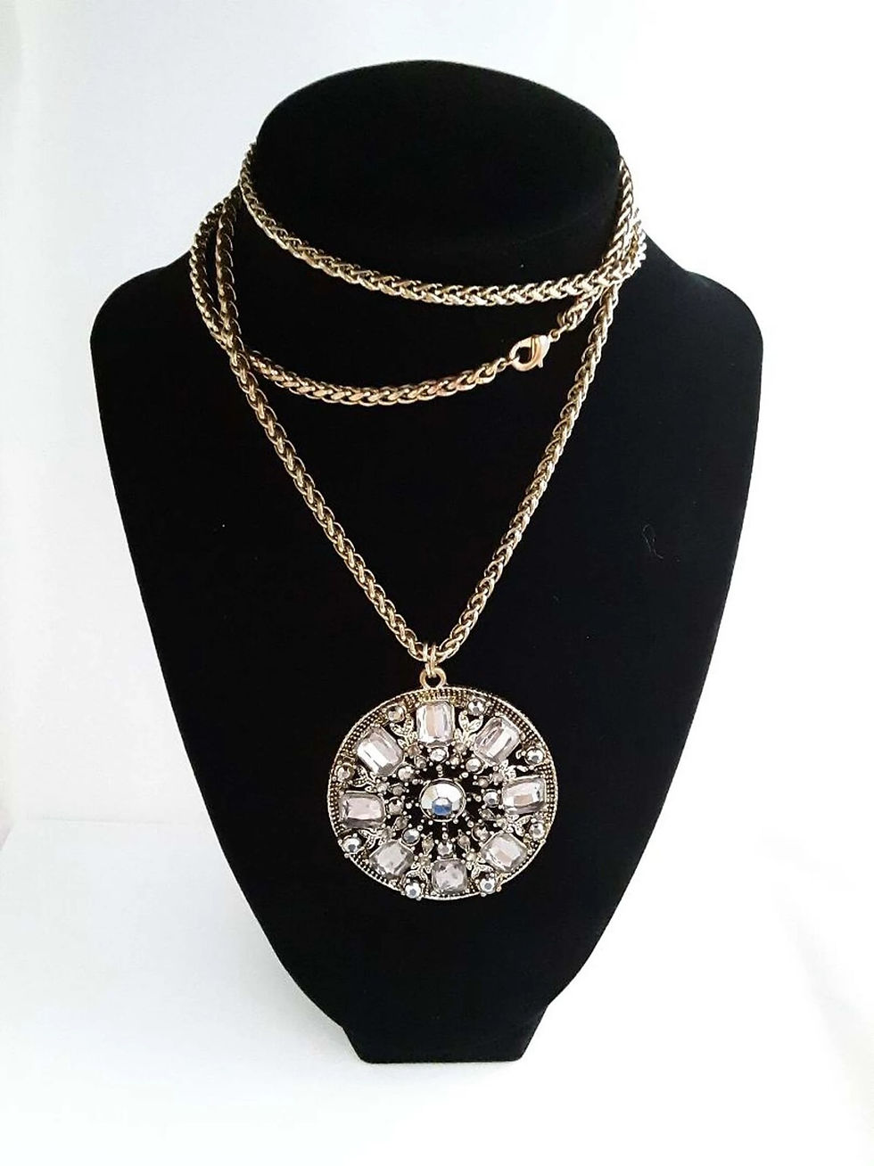 Thumbnail: Vintage Nancy and Rise NY Lilac Rhinestone Medallion Necklace 36 in Chain