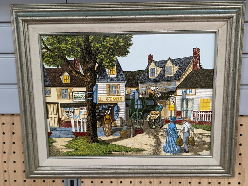 Thumbnail: H. Hagrove Vintage Framed Canvas Picture "Coach Stop" General Store Serigraph