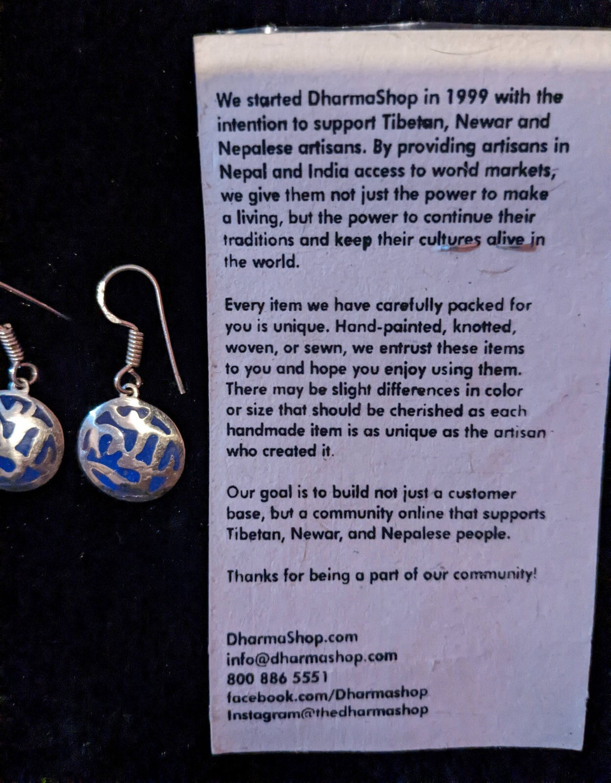 Dharma Hand Crafted Silver And Blue Dangle Earrings New with Original Packaging