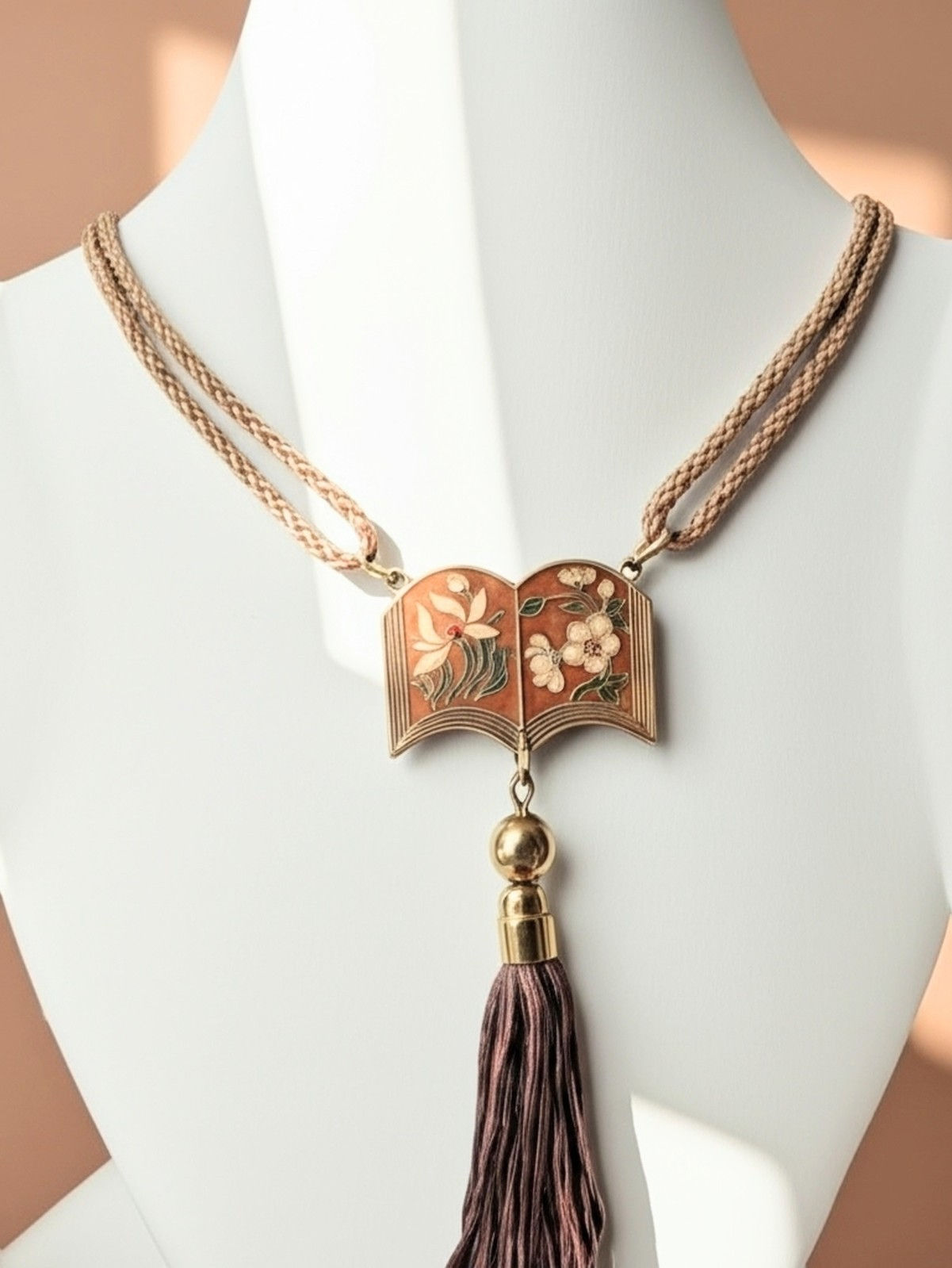 Vintage Enamel Open Book Tassel Necklace | Bohemian Scholarly Statement Pendant