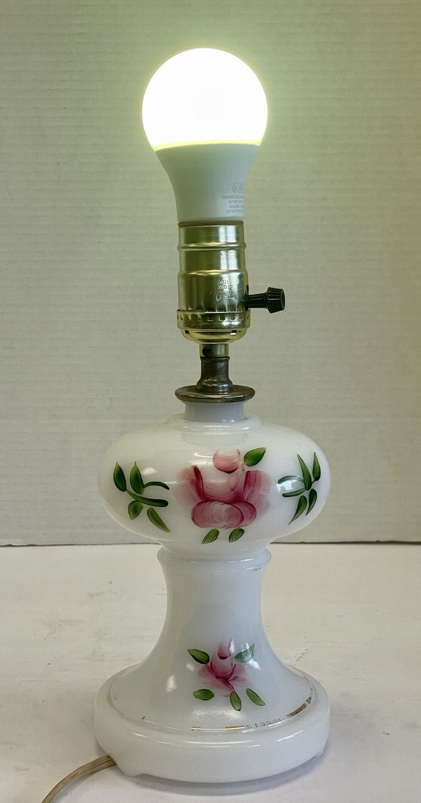 Thumbnail: Vintage Milk Glass Table Lamp With Handpainted Pink Floral Accents With Shade