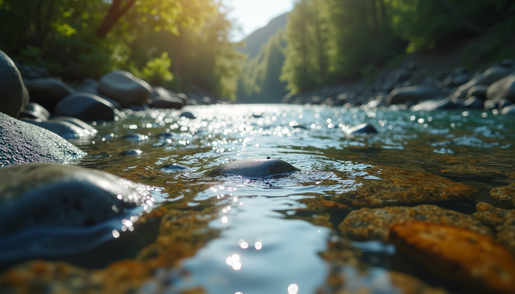 Eye-level view of a clear river with visible underwater rocks and flowing currents