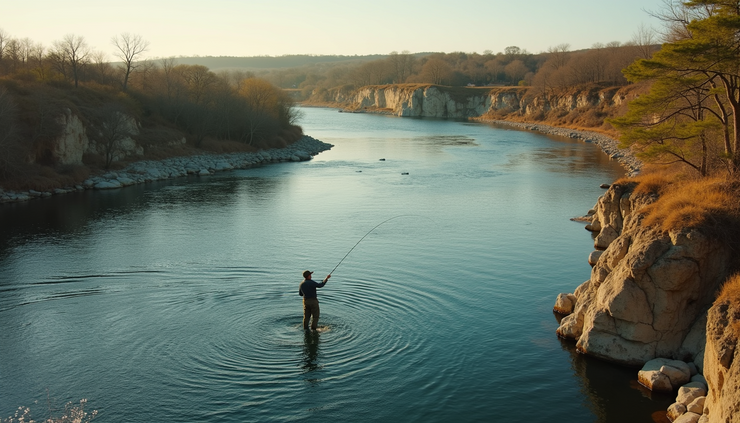 High angle view of a fly fisherman casting on a wide Texas river with rocky banks