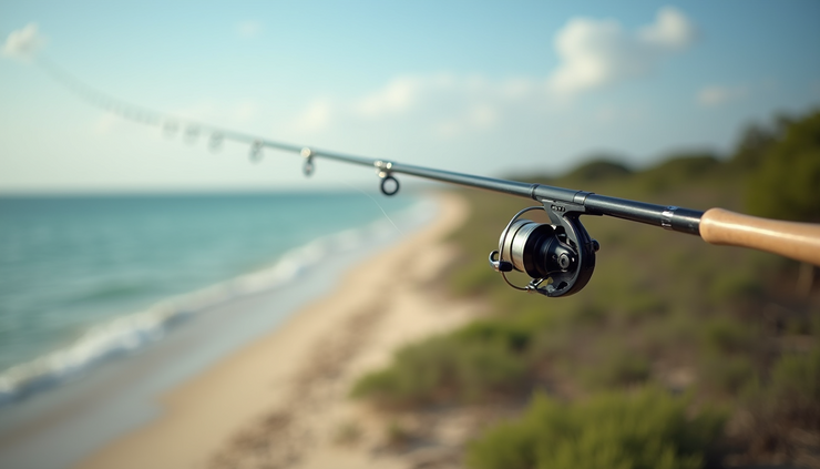 Close-up view of a fly fishing rod and reel with a Texas coastal background