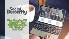 Laptop displaying "BLOG" with chess pieces, person's hand typing. Text: “Why Blogging Still Matters...” Coffee cup and sofa in background. Mood: professional.