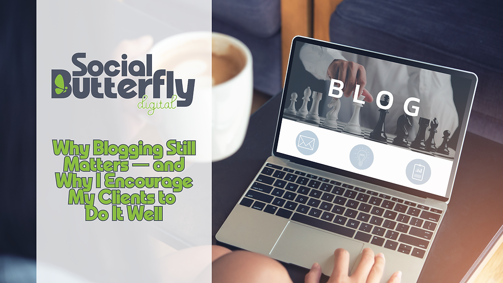 Laptop displaying "BLOG" with chess pieces, person's hand typing. Text: “Why Blogging Still Matters...” Coffee cup and sofa in background. Mood: professional.