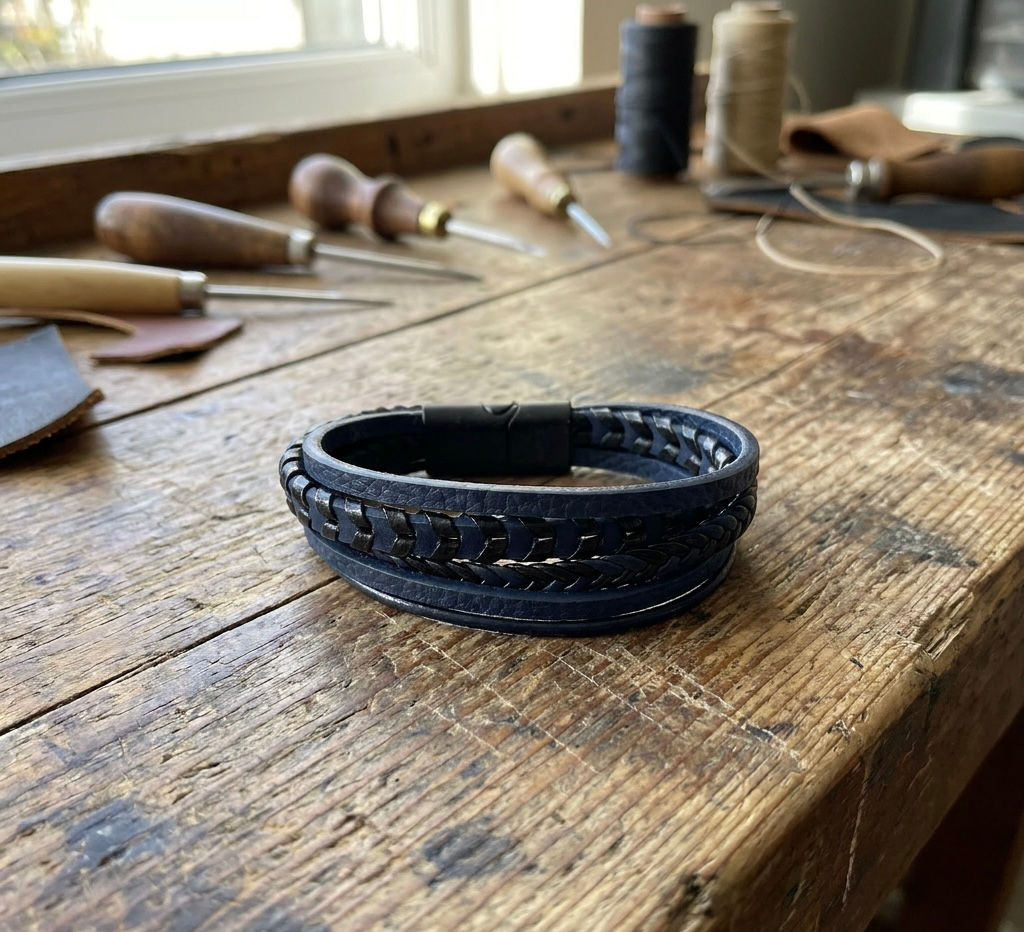 5 Band Leather & Synthetic Bracelet With Magnetic Clasp (Black & Dark Blue)