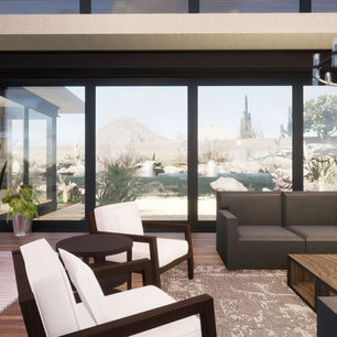 Atrium Desert Home by James McNeal, Owner and Principal Architect at JMAD - James McNeal Architecture & Design. Creative architecture firm specializing in enduring artistry & high-end luxury commercial & residential design. Architectural photography, architect portfolio. Dream house inspiration, custom homes, mansion, luxurious lifestyle. Concept renderings. Plot of land, lot for sale, land and home concept. Overlooking Pinnacle Peak Scottsdale AZ Arizona. Organic architecture blending into nature surroundings. Interiors, inspiration. Great room, living room, modern fireplace, clerestory windows, high ceilings, desert view