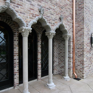 Brick Chateau by James McNeal, Principal Architect at JMAD - James McNeal Architecture & Design. Creative architecture firm specializing in enduring artistry & high-end luxury commercial & residential design. Dream home, luxury house design, custom homes, luxury lifestyle, mansion, boss homes, stunning exterior with curb appeal. Super detailed, artistic, sophisticated, Eclectic chateau style with French Romanesque and islamic arches inside and out, Traditional castle, compartmentalized, brick exterior, columns