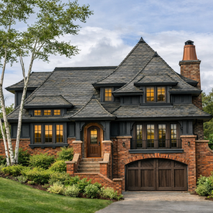 Urban infill residence with a dark shingled roof, brick and stone detailing, and warm interior light visible through multi-pane windows. The image highlights compact vertical massing, a recessed entry, integrated garage, and a design that responds to a sloped site and established neighborhood setting.
