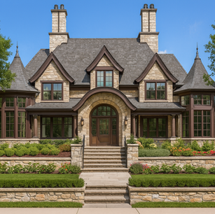 French Normandy house, twin turrets, symmetrical facade, formal front elevation, stone retaining walls, stone house design.
