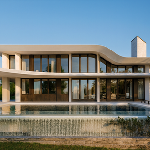 Modern luxury home outdoor living with curved roofline, floor-to-ceiling glass, and infinity-edge pool with waterfall spillway—resort-style backyard inspiration.