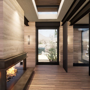 Atrium Desert Home by James McNeal, Owner and Principal Architect at JMAD - James McNeal Architecture & Design. Creative architecture firm specializing in enduring artistry & high-end luxury commercial & residential design. Architectural photography, architect portfolio. Dream house inspiration, custom homes, mansion, luxurious lifestyle. Concept renderings. Plot of land, lot for sale, land and home concept. Overlooking Pinnacle Peak Scottsdale AZ Arizona. Organic architecture blending into nature surroundings. Interiors, inspiration. Front entryway, entrance, modern fireplace, home bar, hallway, foyer