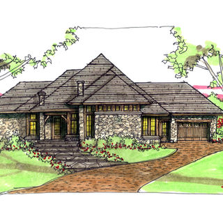 One-story stone cottage sketch with low hipped roof, covered entry, and winding drive—north woods ranch-style retreat.