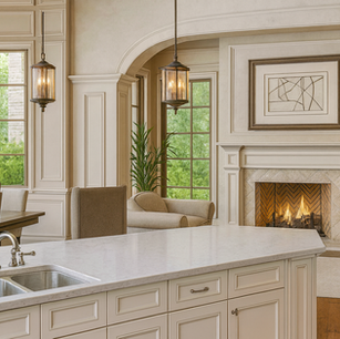 Conceptual Design by JMAD - James McNeal Architecture and Design. Architecture firm specializing in high-end residential design, luxury homes, and creative enduring artistry. Architecture firm near me. Minnesota architect. Dream home, dream house, luxury design, luxury lifestyle. Custom homes, interior design, luxury real estate, residential architecture, home architects, home architecture. Concept rendering, home inspiration, biophilic design, luxury interior inspiration. Great room design, living room, kitchen, dining area. Timeless traditional kitchen design, classic custom cabinetry, white kitchen, white living room.