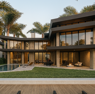 Modern courtyard home with pool, expansive glass walls, warm wood soffits, and outdoor lounge—luxury indoor-outdoor living inspiration. Florida home tropical landscaping.