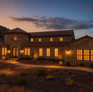 Mediterranean stone home at dusk with clay tile roofs, round entry tower, arched doorway, warm interior lighting, and desert landscaping against a hillside backdrop.