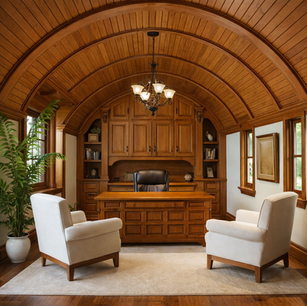 Custom executive home office design with barrel-vault wood ceiling, built-in oak cabinetry and desk, warm millwork detailing, classic chandelier lighting, large window natural light, and comfortable client seating for a refined residential study suite