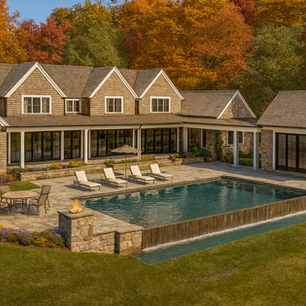 Shingle style courtyard pool with stone coping, lounge terrace, and gabled cedar-shake volumes—luxury outdoor living inspiration.