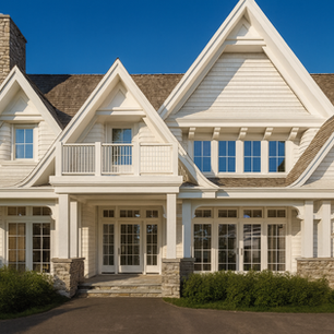 Shingle style front porch with stone piers, multiple gables, and upper balcony—New England–inspired custom home exterior detail.