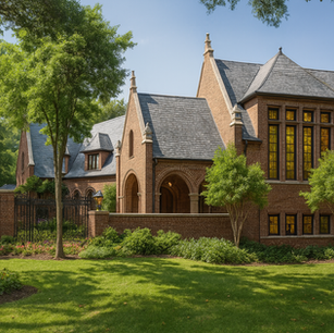 Tudor style mansion, old world brick estate, red brick exterior.