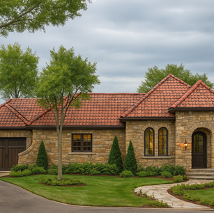 Mediterranean-inspired stone bungalow with red clay tile roof, arched front entry tower, single-car garage, and manicured front landscaping under an overcast sky.