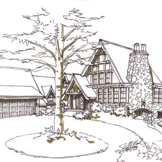 Timber lodge line drawing with dramatic A-frame gable and massive stone chimney—north woods estate motor court.