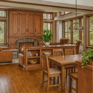 Open-concept craftsman great room with warm wood cabinetry, built-in fireplace, stacked-stone hearth, large windows, and dining area on hardwood floors.