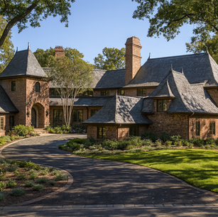 Architect who designs French Normandy style homes, wooded estate home, red brick exterior, steep slate roof, English manor house.