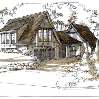 Garage/guest house sketch with steep roof, carriage doors, and stone retaining wall—north woods outbuilding concept.